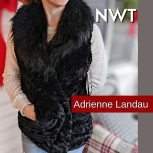 Adrienne Landau Faux Fur Shearling Vest Small Black Luxe Statement Uptown NEW